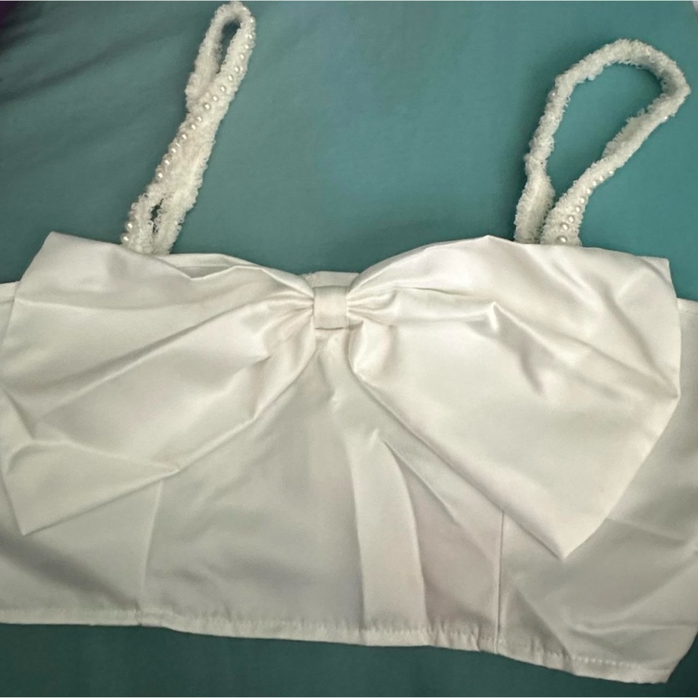White Bow Crop Top with Pearl Straps